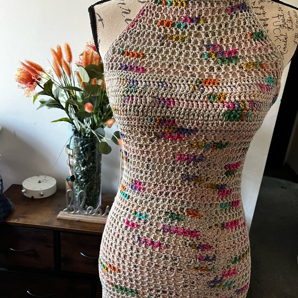 Hand Crafted Pink and Cream Halter Sheath Dress